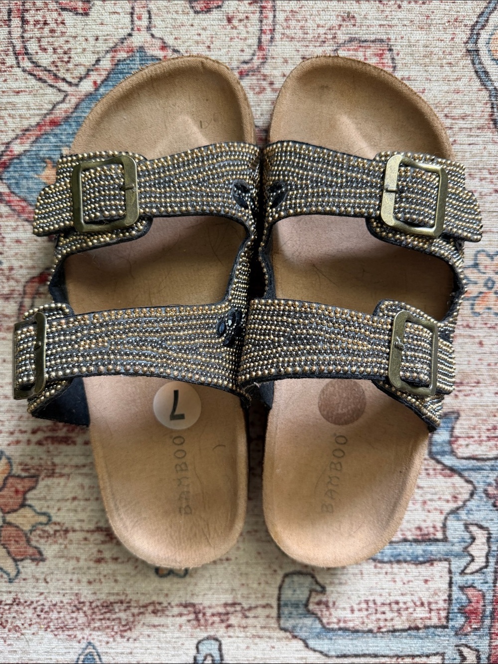 BAMBOO Black and Gold Strappy Buckle Sandals